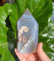 Druzy Agate tower with Raw Chalcedony