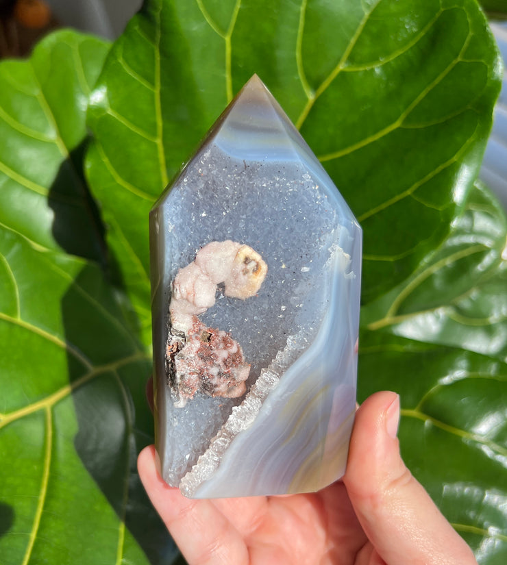 Druzy Agate tower with Raw Chalcedony