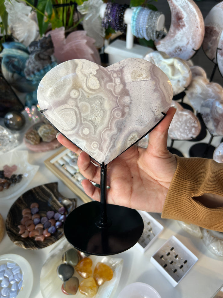 Pink Amethyst x Flower Agate Heart on Stand A