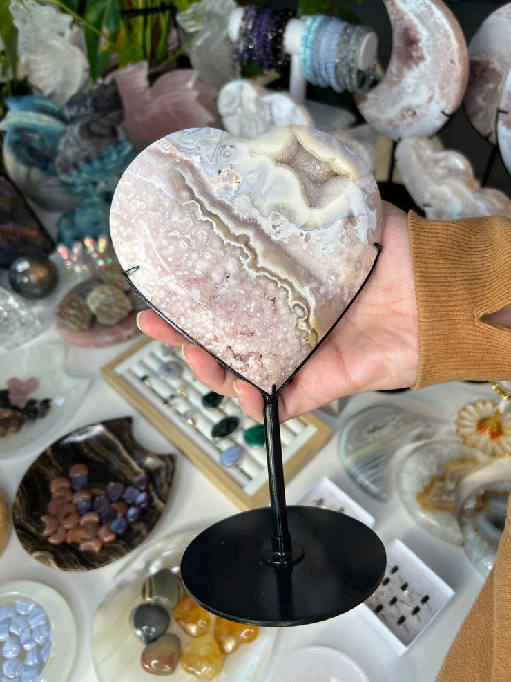 Pink Amethyst x Flower Agate Heart on Stand B