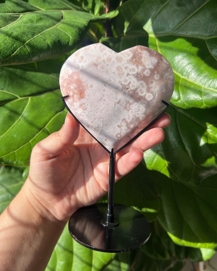 Pink Amethyst Flower Agate Heart on Stand