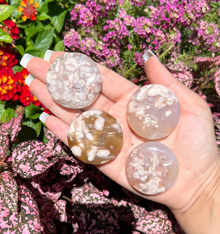 Flower Agate Sun Moon Carving - Pick Your Own