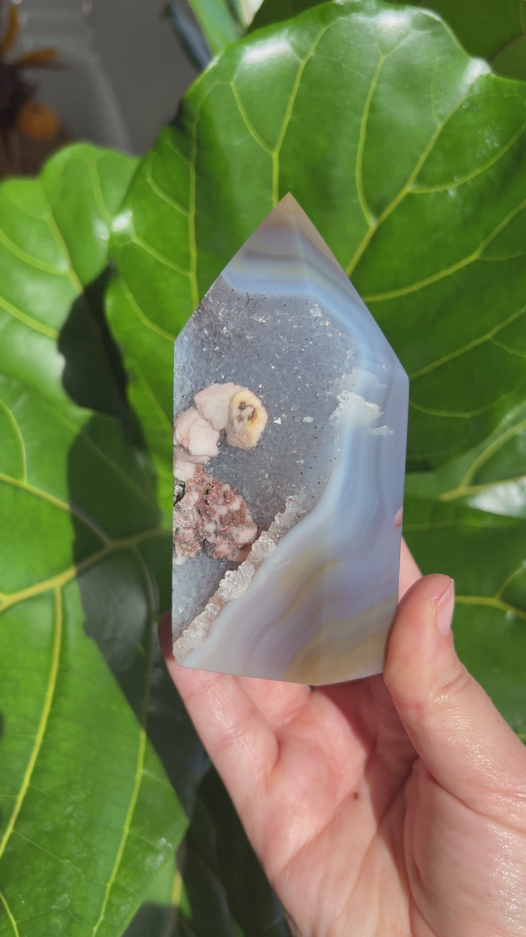 Druzy Agate tower with Raw Chalcedony