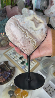 Pink Amethyst x Flower Agate Heart on Stand B