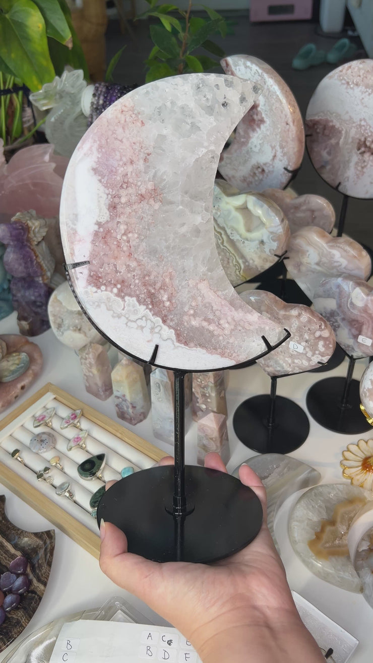 Pink Amethyst x Flower Agate Moon on Stand B